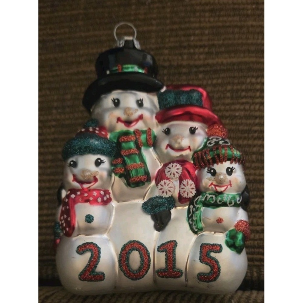 Christopher Radko 2015 Ornament  Celebration Snowman Family Glass Christmas  EUC